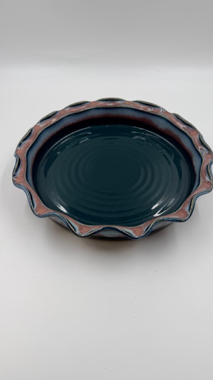 Signed Studio Art Pottery Pie Plate 11” Ruffled Rim Blue Mauve Handmade Ceramic